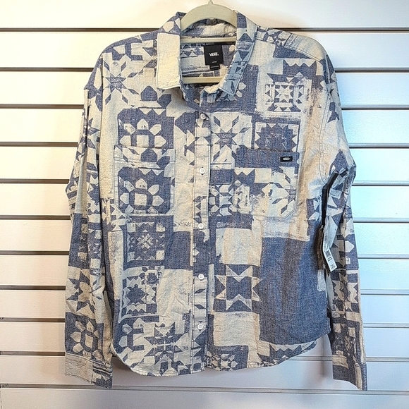 NWT Vans HOMESPUN LONG SLEEVE WOVEN TOP in Ashley Blue Size L - Picture 3 of 9